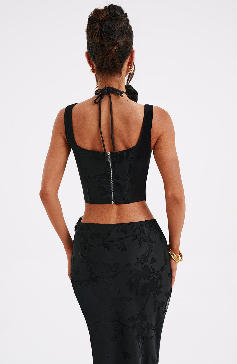 Korse Detaylı Çiçek Desenli Crop Top – Siyah