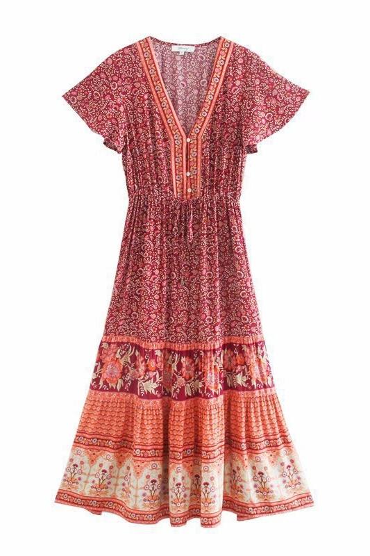 Ellie Baskılı V Yaka Midi Elbise