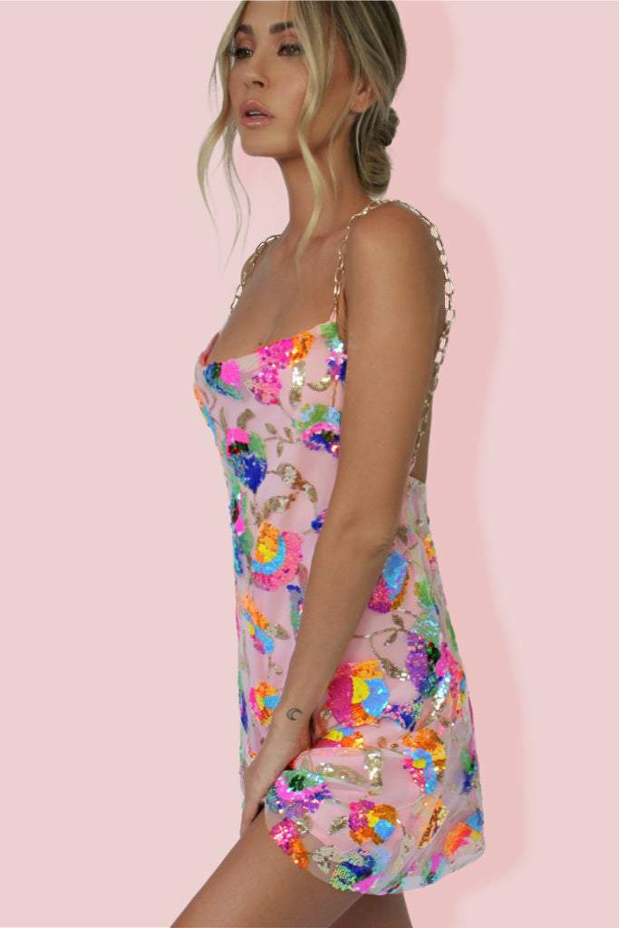 Fanny İşlemeli Payetler Sırtı Açık Mini Elbise