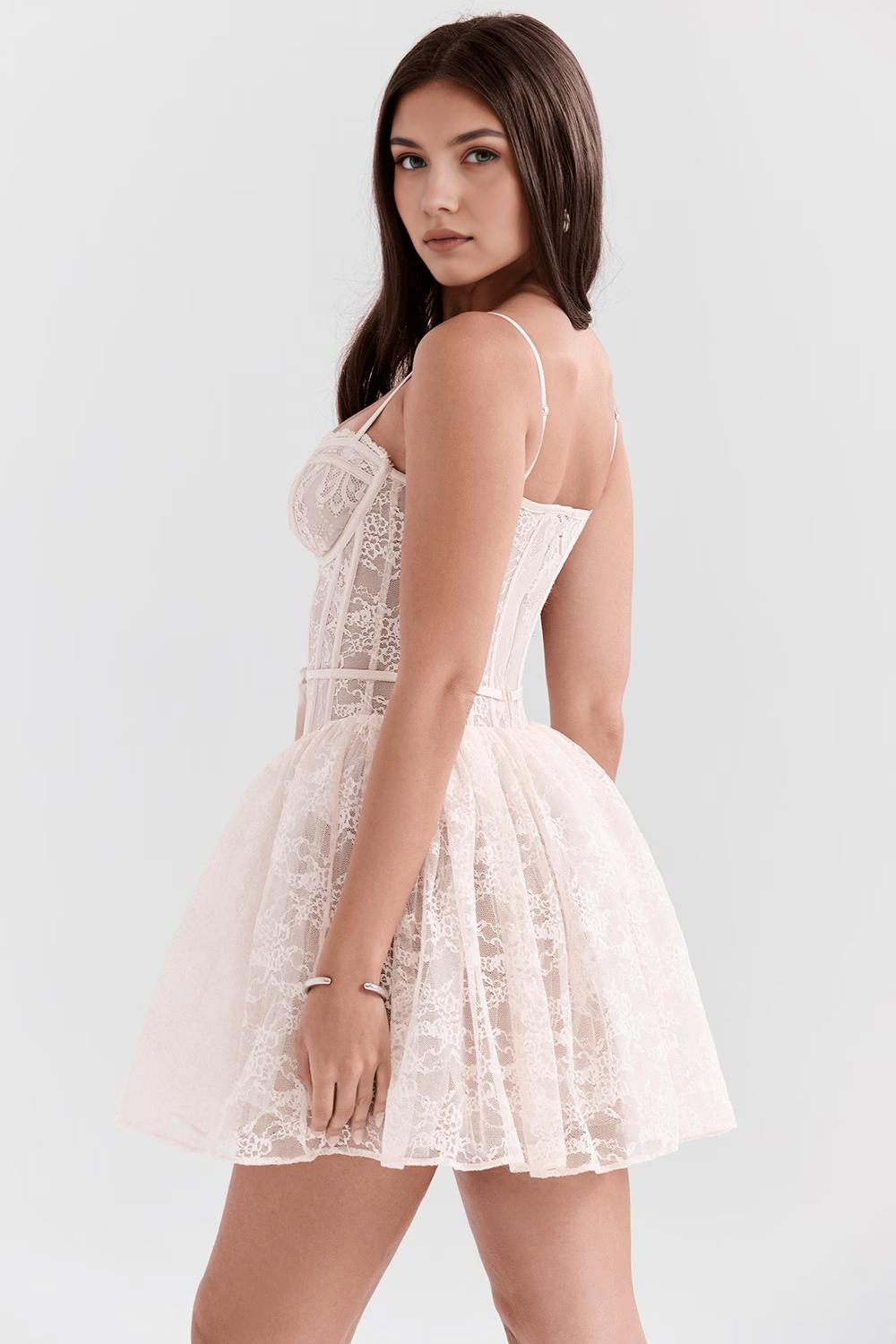 Dantel İşlemeli Korseli Mini Elbise – Ekru