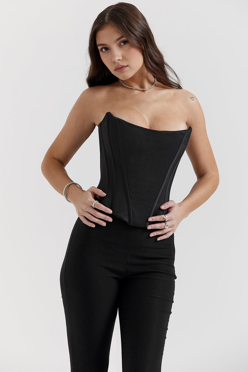 Drapeli Korseli Saten Büstiyer – Siyah