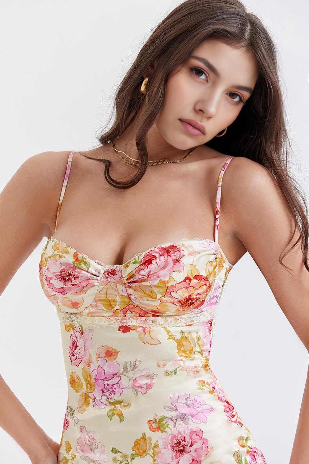 Askılı Çiçek Desenli Saten Uzun Elbise