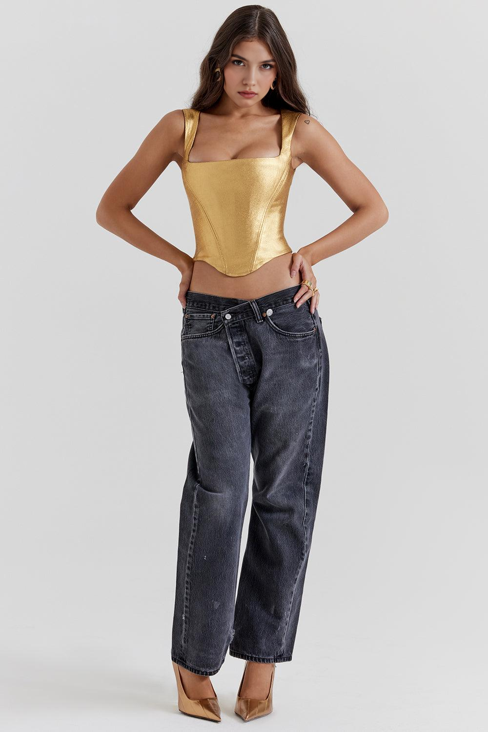 Simli Korsaj Detaylı Top – Altın