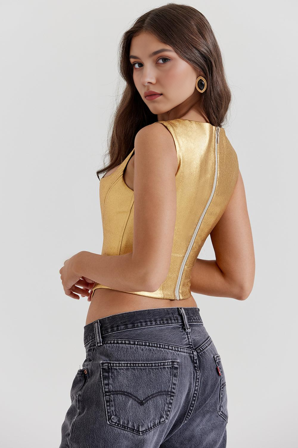 Simli Korsaj Detaylı Top – Altın