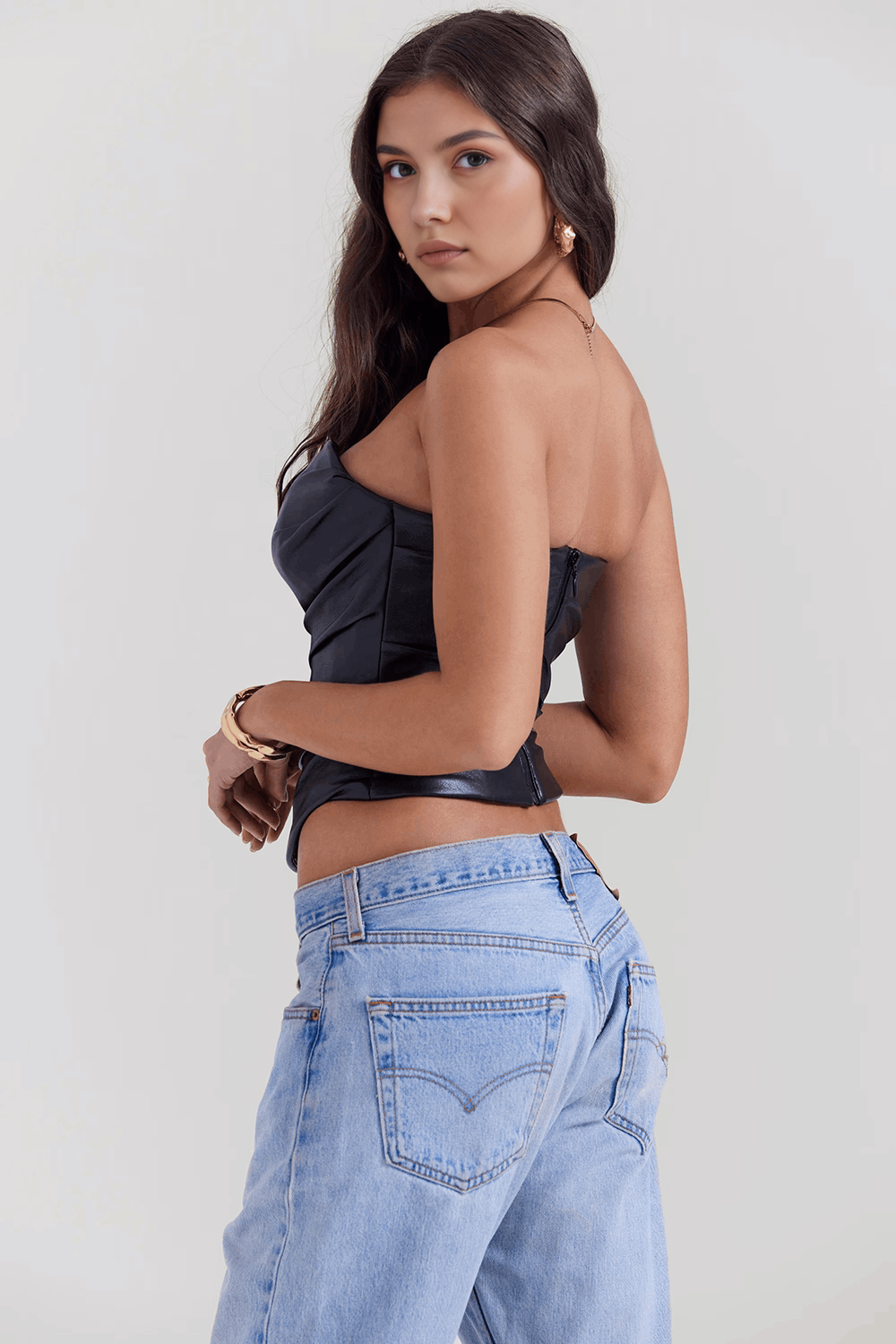 Straplez Deri Görünümlü Sıkılaştırıcı Korsaj – Siyah