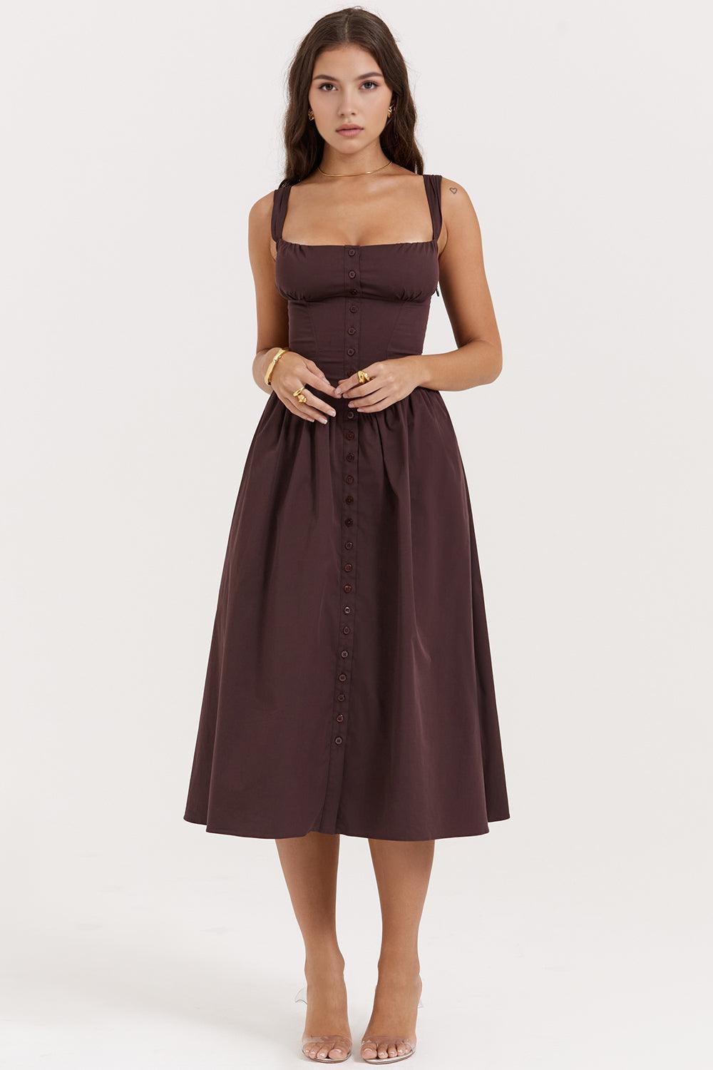 Düğmeli Korsaj Detaylı Midi Elbise