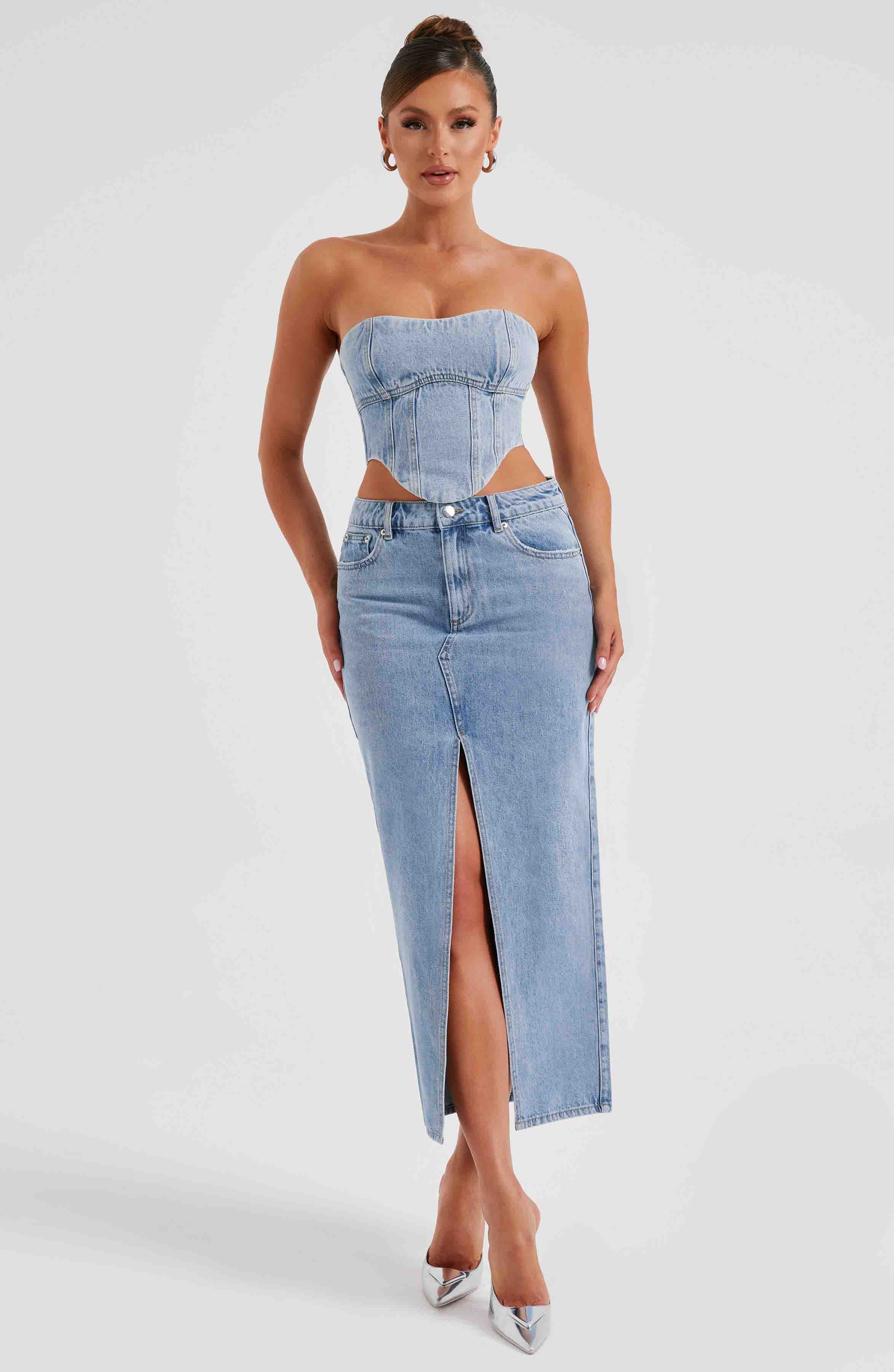 Yüksek Bel Yırtmaçlı Midi Kalem Etek – Açık Mavi