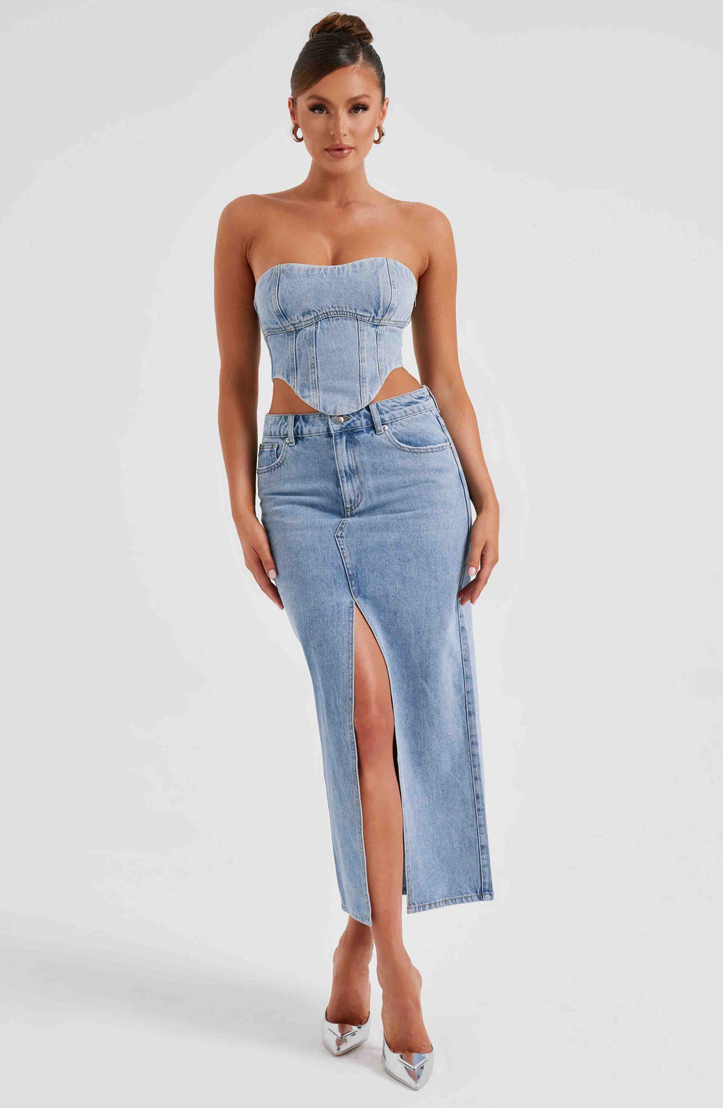 Yüksek Bel Yırtmaçlı Midi Kalem Etek – Açık Mavi