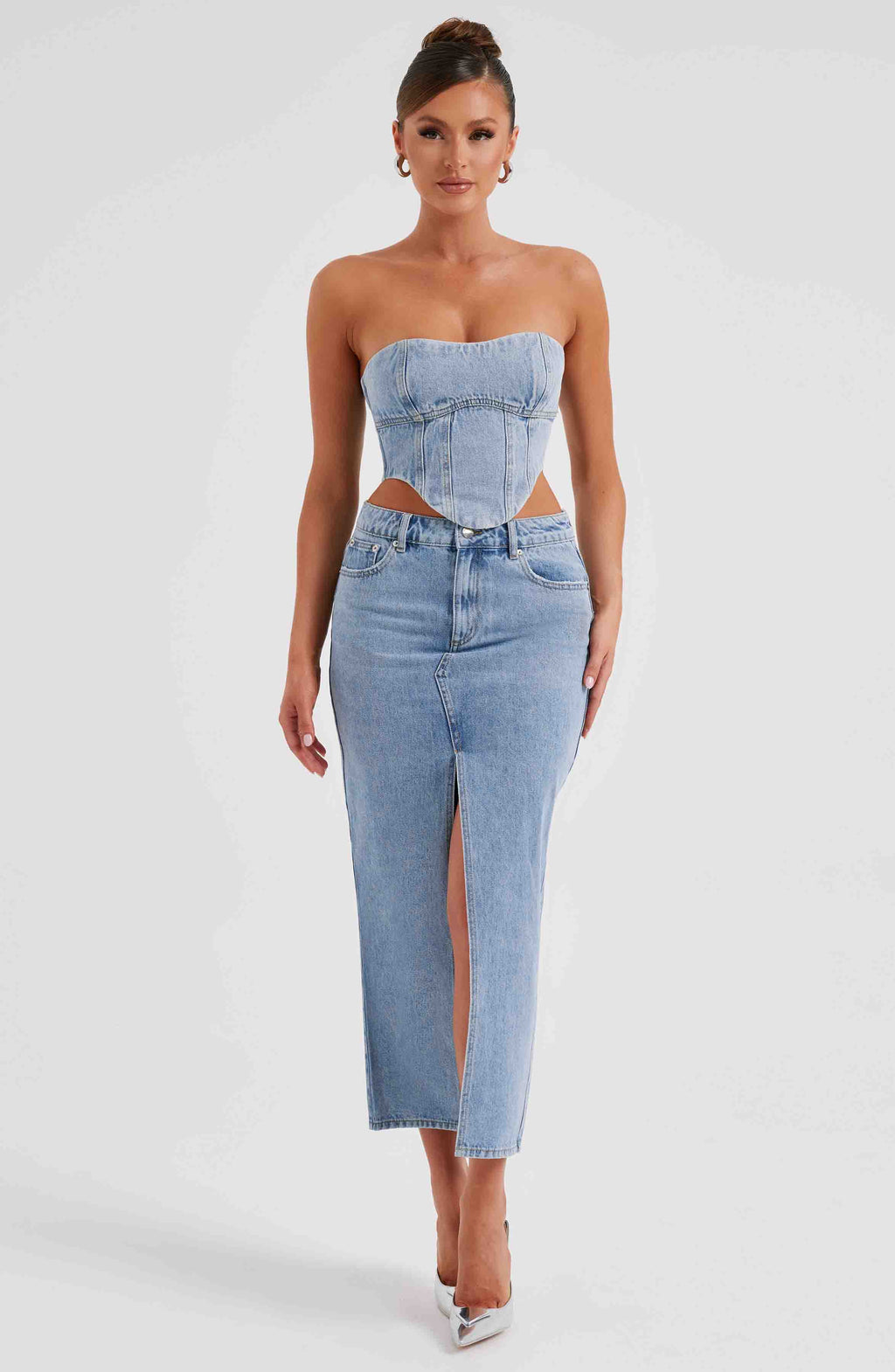 Yüksek Bel Yırtmaçlı Midi Kalem Etek – Açık Mavi