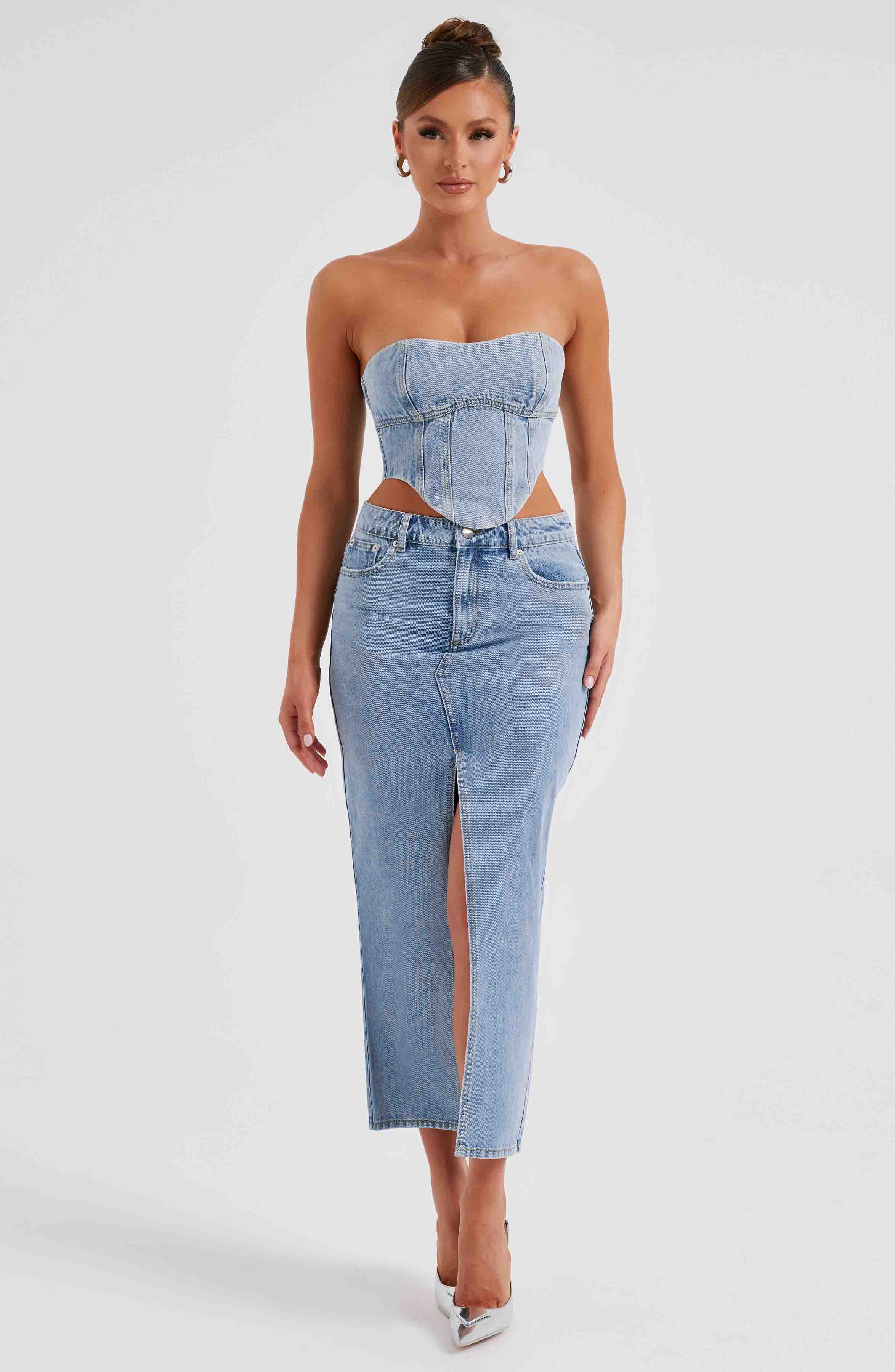 Yüksek Bel Yırtmaçlı Midi Kalem Etek – Açık Mavi