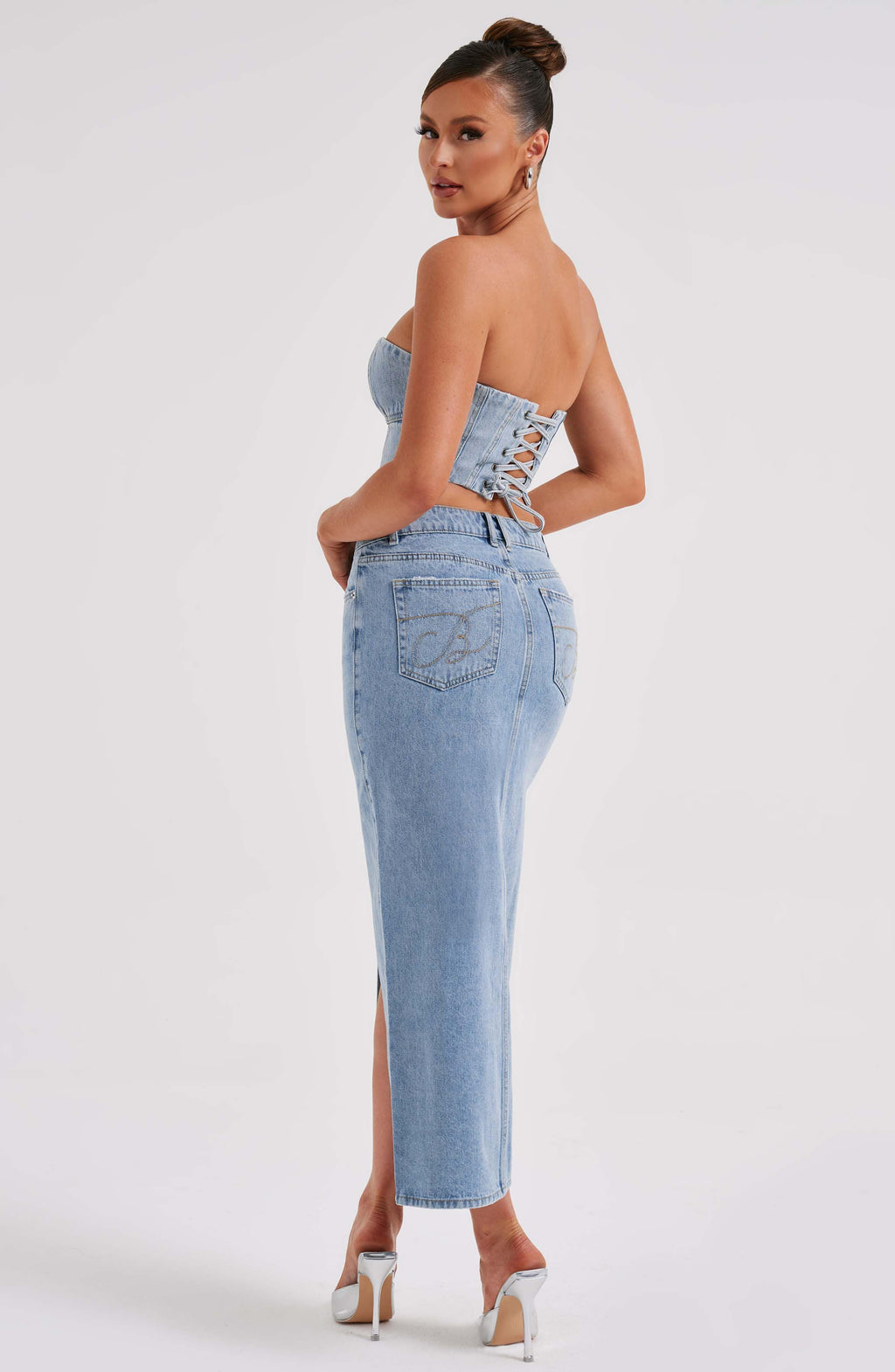 Yüksek Bel Yırtmaçlı Midi Kalem Etek – Açık Mavi
