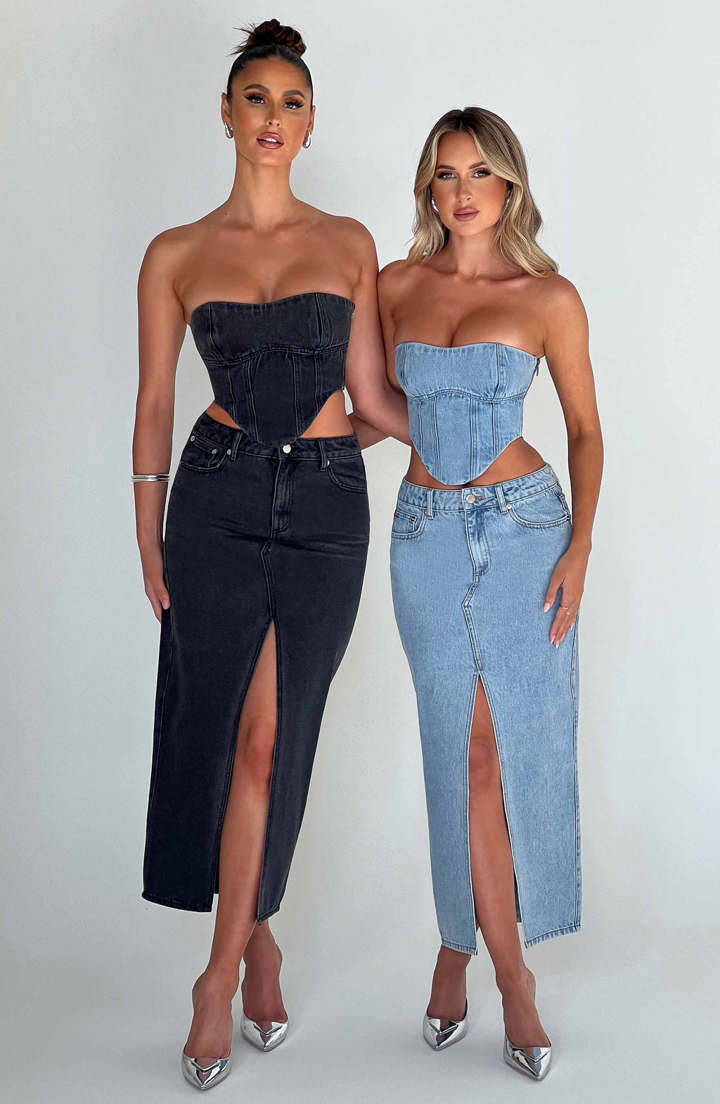 Yüksek Bel Yırtmaçlı Midi Kalem Etek – Açık Mavi