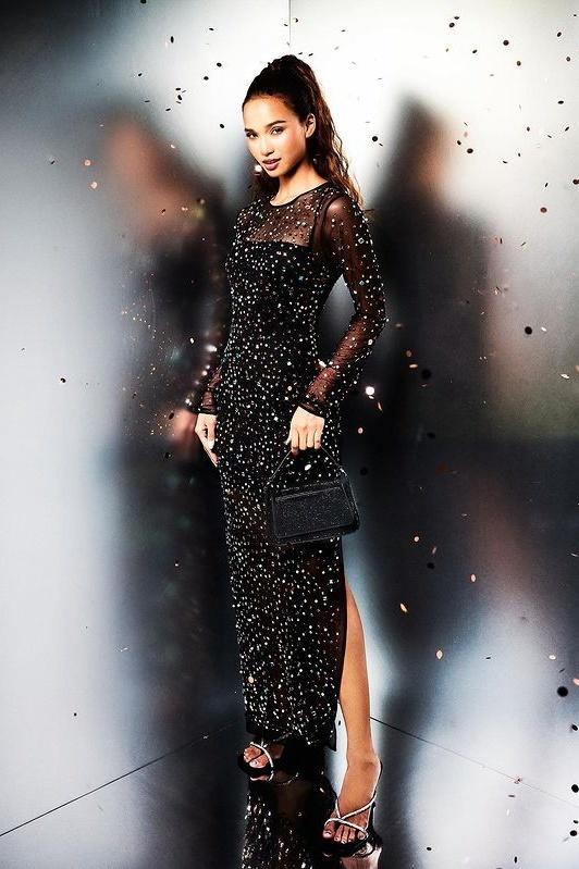 Georgia Diamante Transparan Midi Elbise