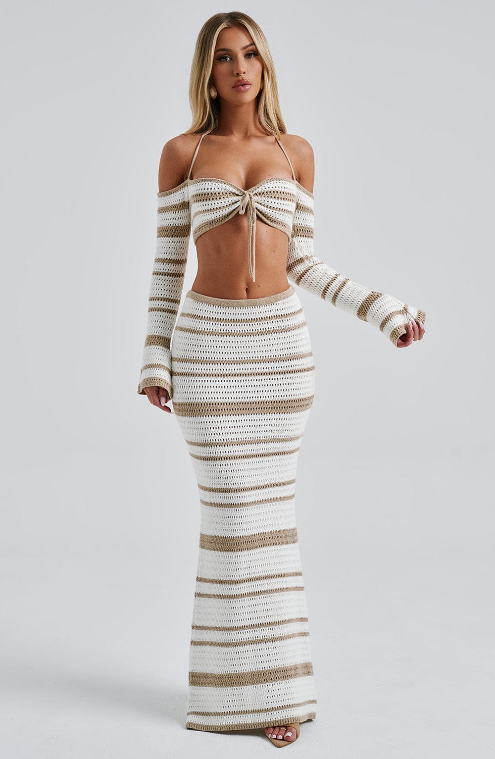 Yüksek Bel Dar Kesim Örgü Etek – Ekru Bej