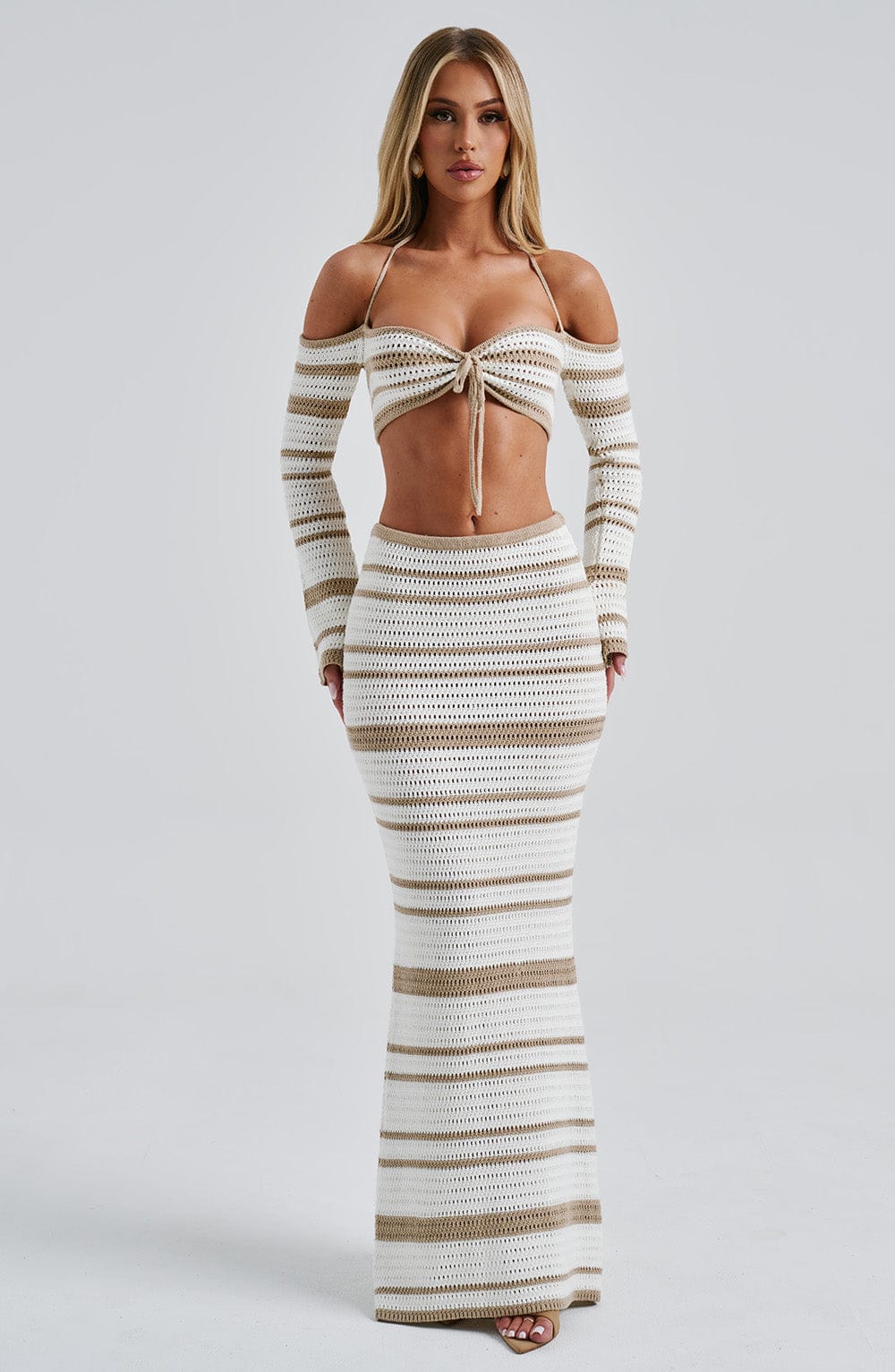 Yüksek Bel Dar Kesim Örgü Etek – Ekru Bej