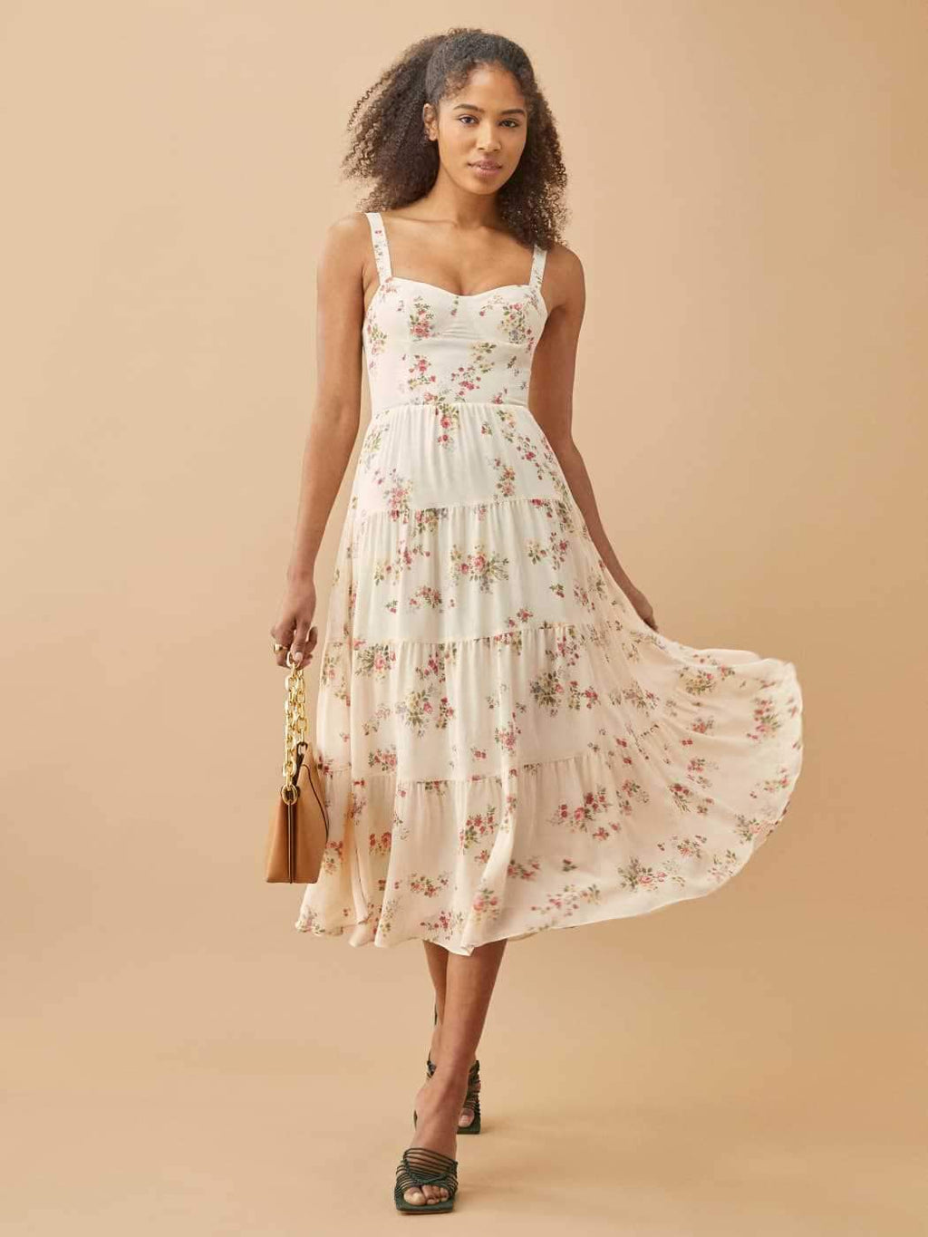 Glenda Baskılı Ek Askılı Şifon Midi Elbise