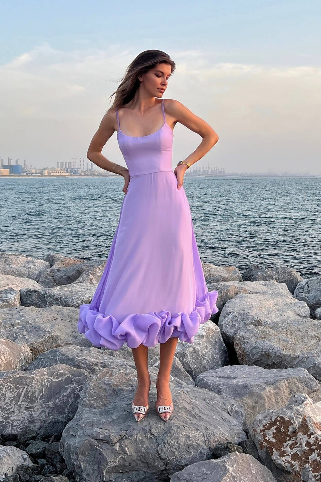 Gloria Fırfırlı A Kesim Slip Midi Elbise