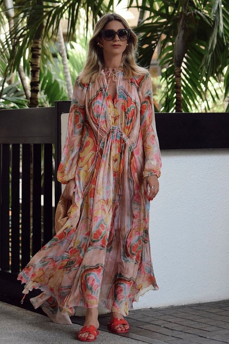 Grace Baskılı Balon Kol Midi Elbise