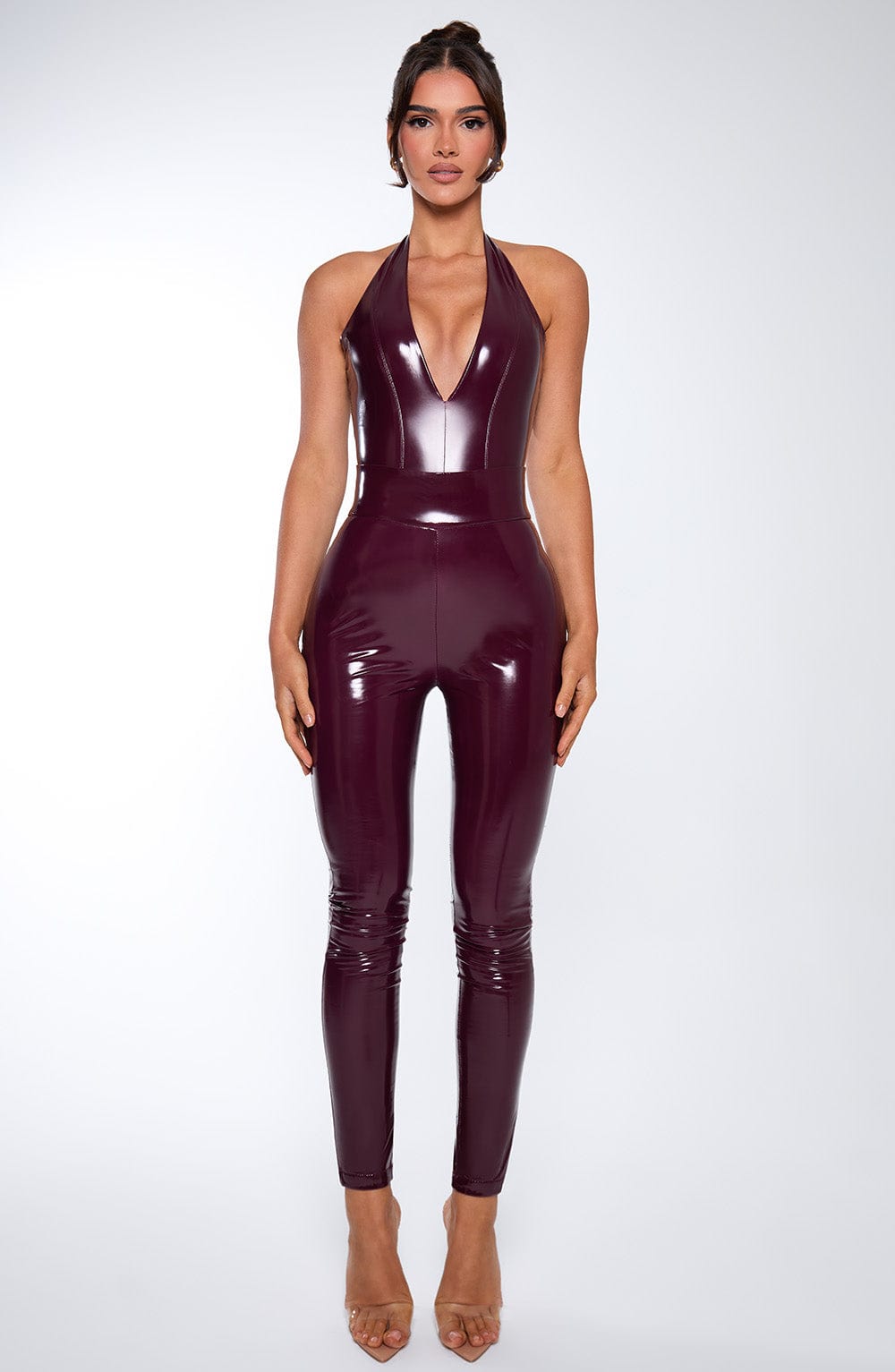 Derin V Yaka Parlak Lateks Bodysuit – Bordo