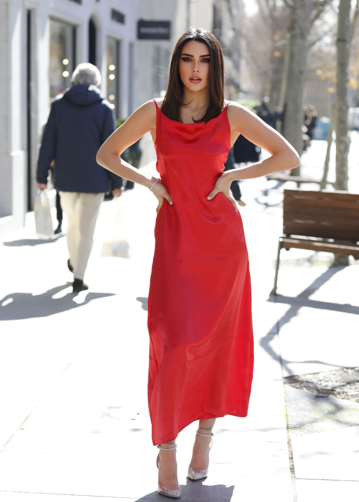 Emily Metalik Kırmızı Uzun Elbise