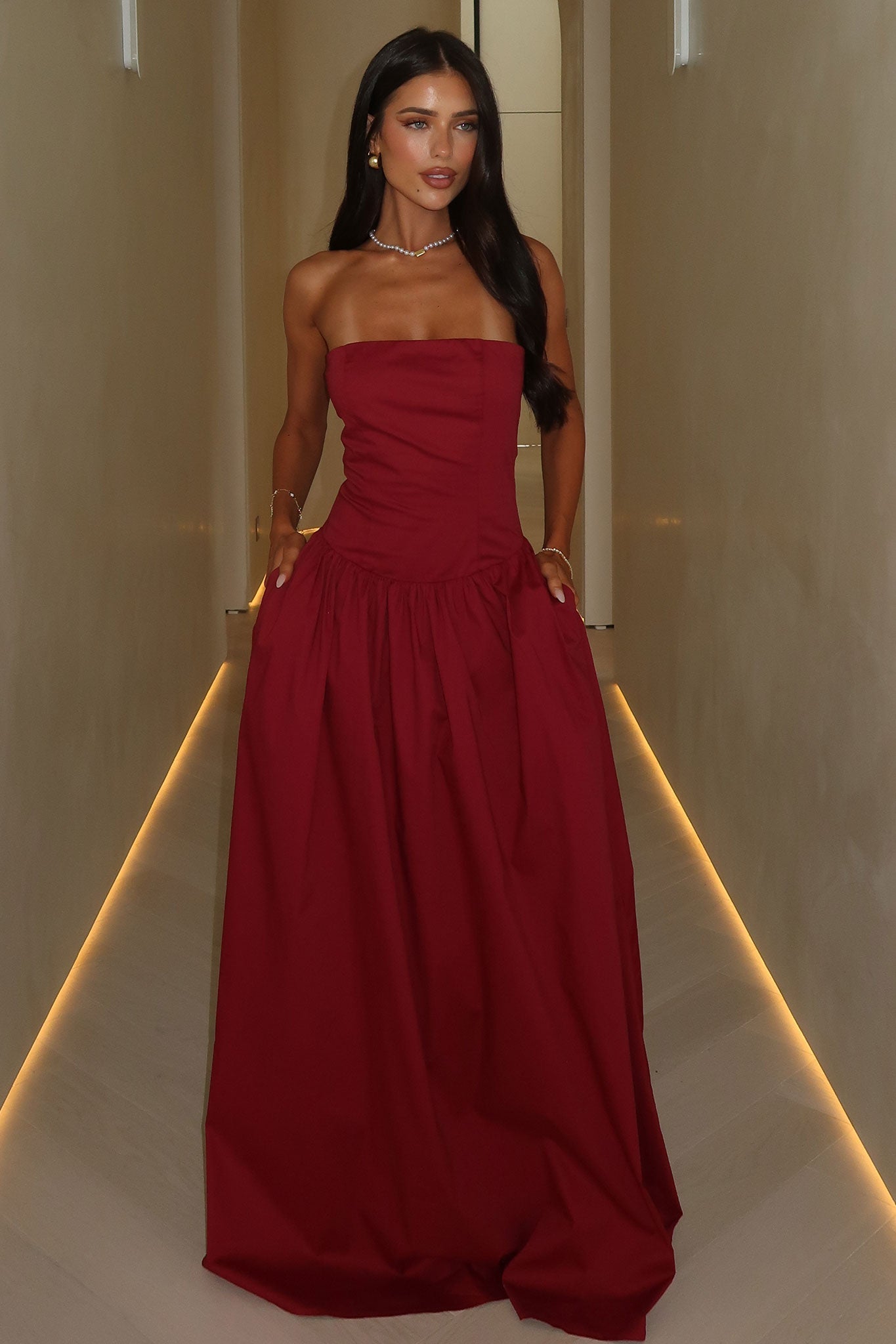 Straplez Kloş Kesim Pamuklu Elbise – Bordo