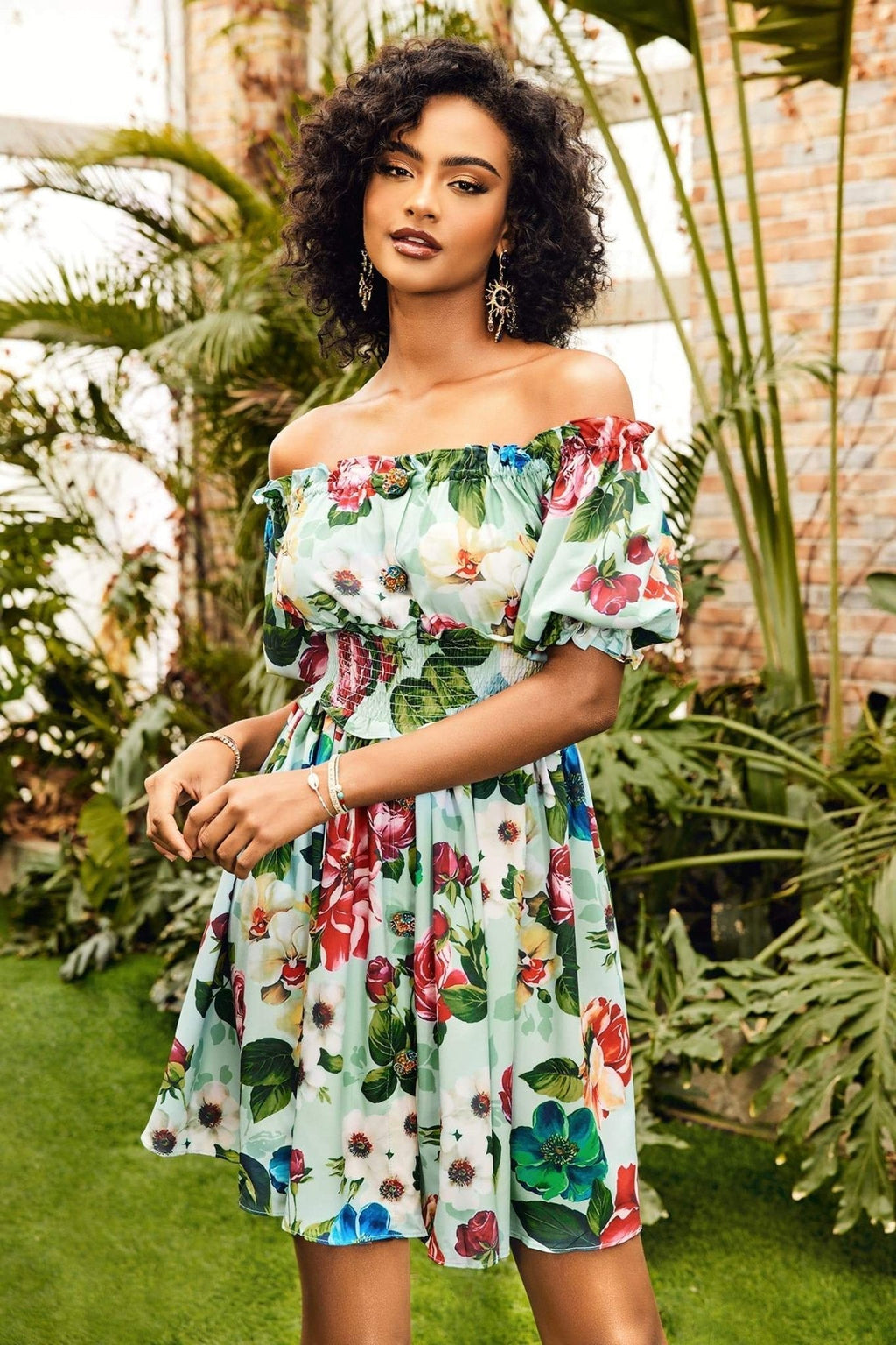 Sarmaşık Baskılı Büzgülü Korsajlı Geniş Mini Elbise