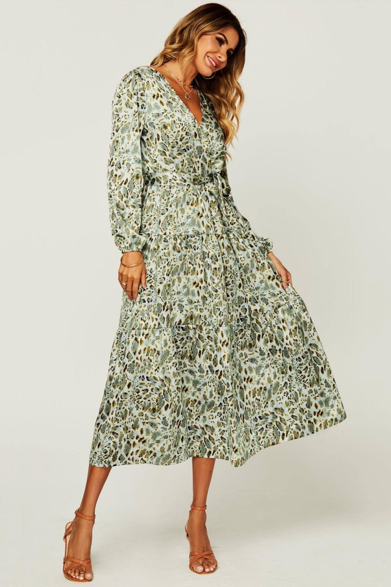 Janice Baskılı Katlı Çözgü Midi Elbise