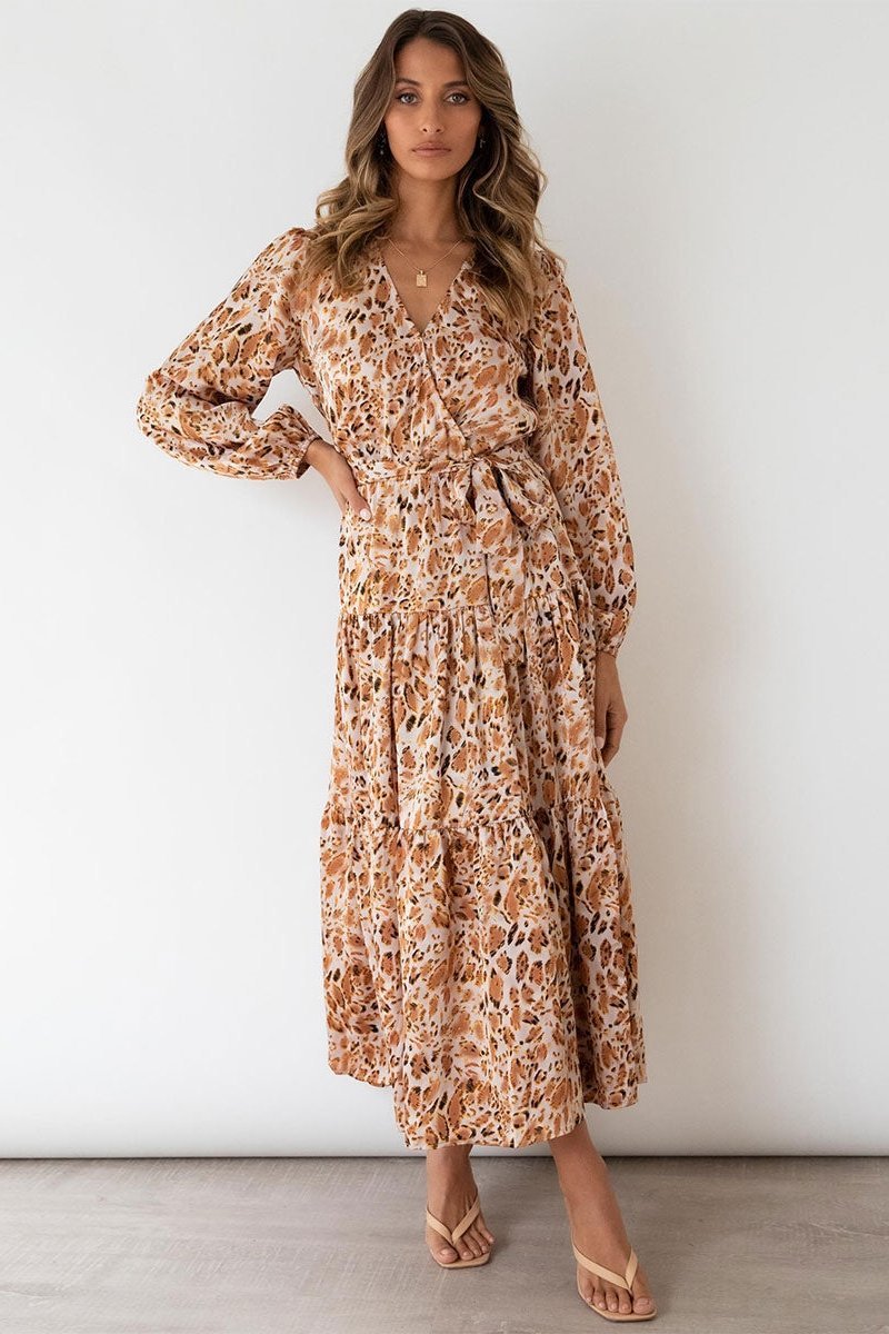 Janice Baskılı Katlı Çözgü Midi Elbise