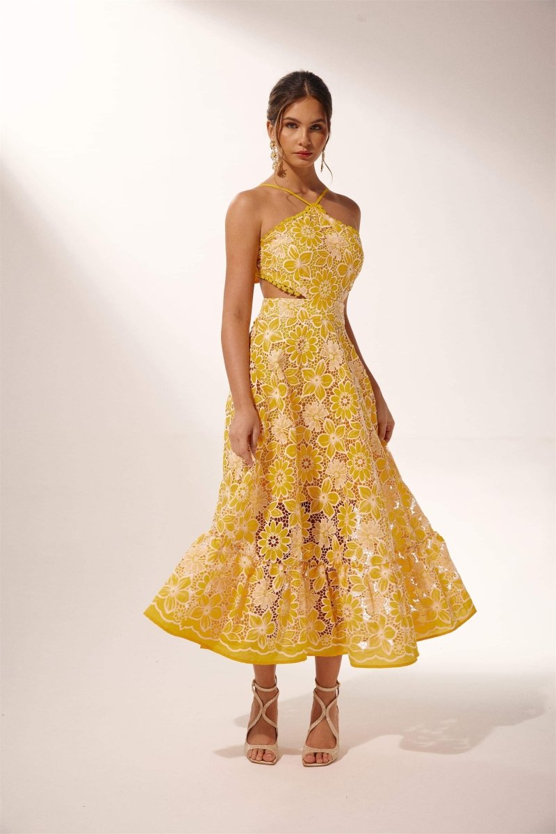 Jessica İşlemeli Dantel Boyundan Bağlı Midi Elbise