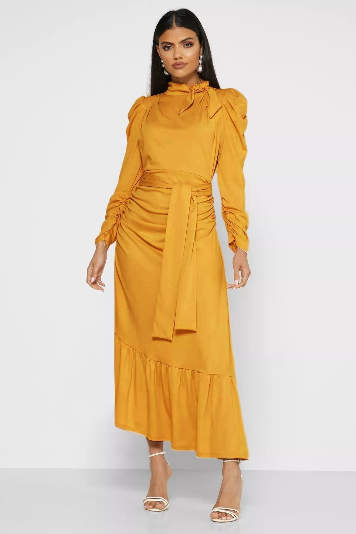 Jode Papyonlu Kuşaklı Flare Midi Elbise