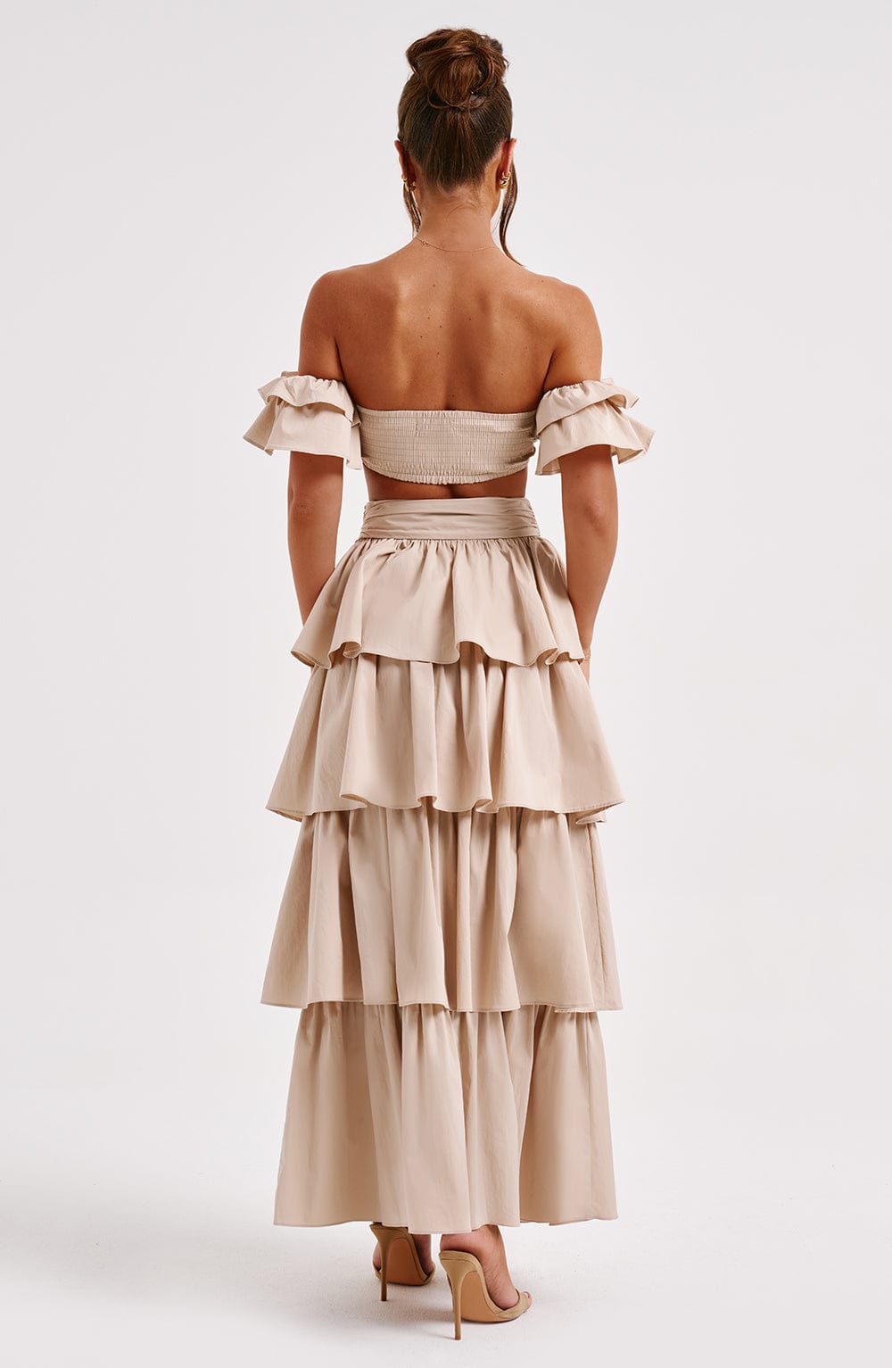 Volanlı Yüksek Bel Katlı Uzun Etek – Bej