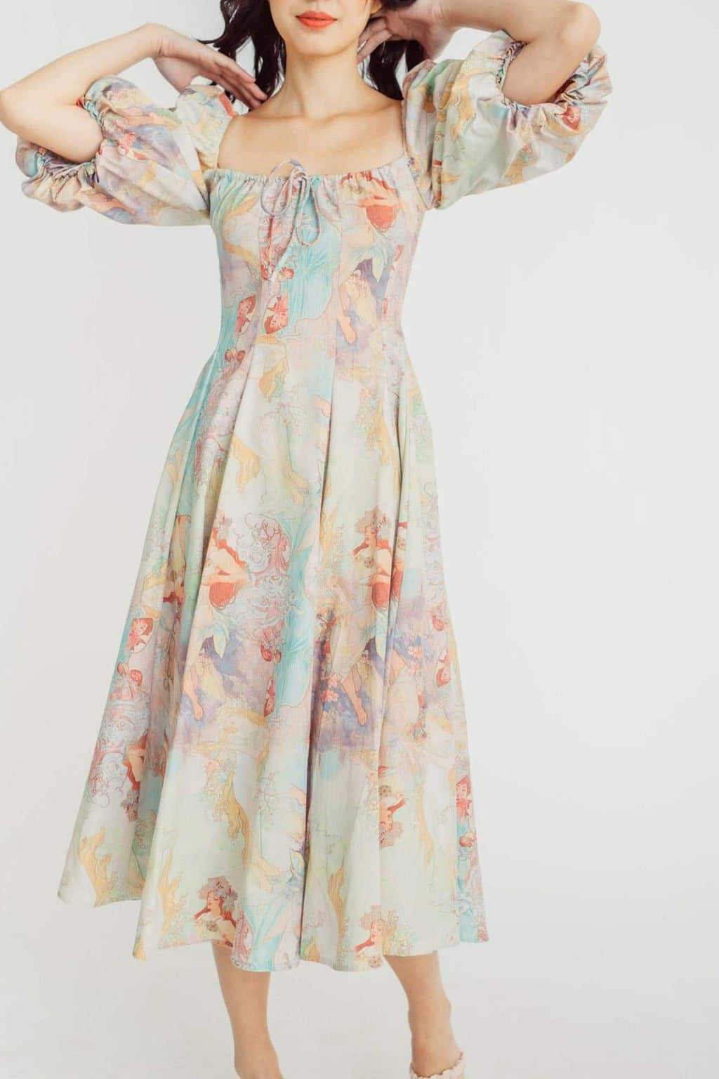 Joyce Baskılı Fener Kollu Midi Elbise