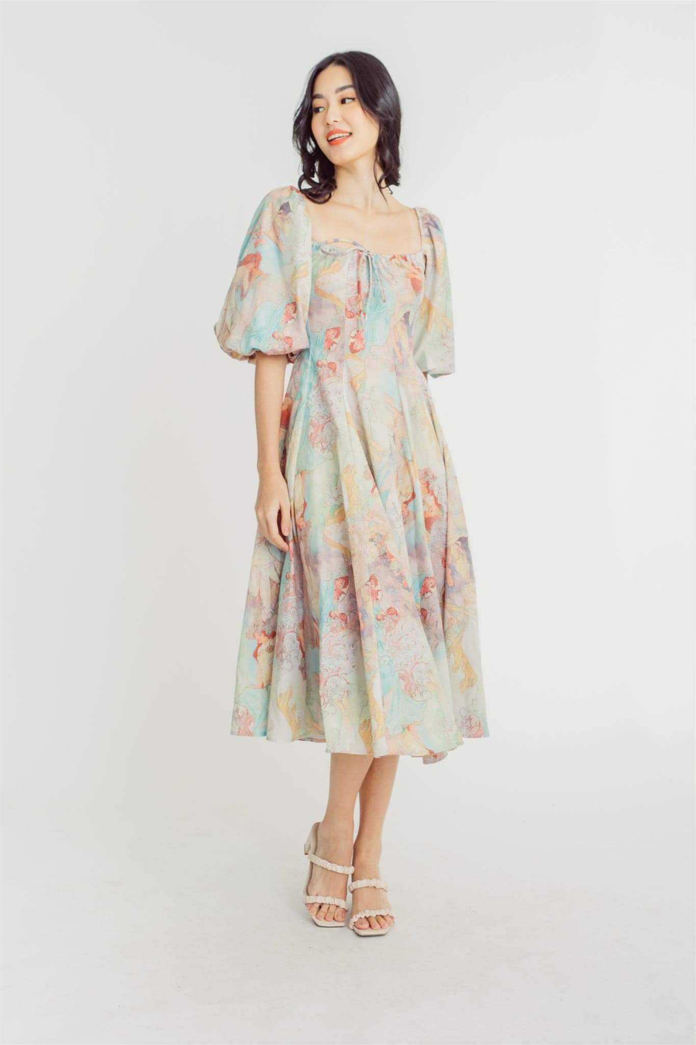 Joyce Baskılı Fener Kollu Midi Elbise