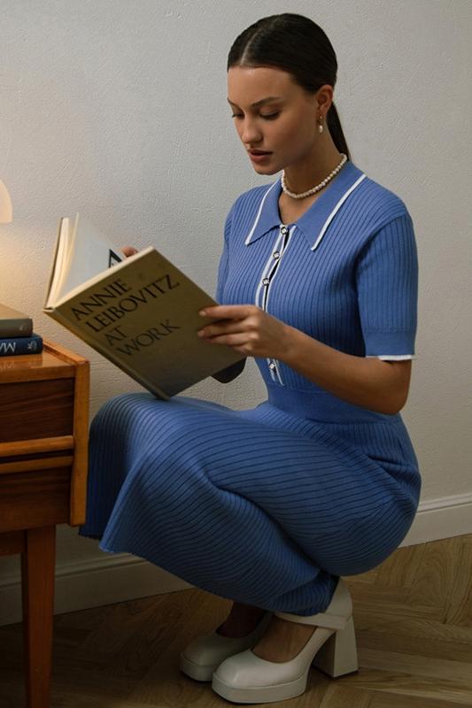 Carol Kontrast Polo Triko Midi Elbise