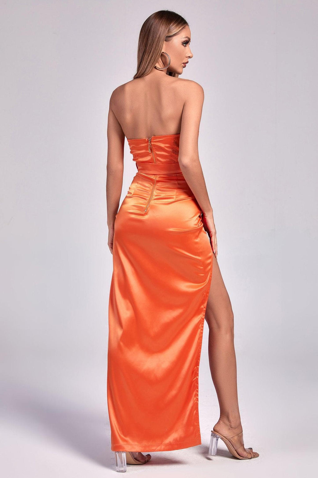 Laura Satin Yırtmaçlı Uzun Elbise