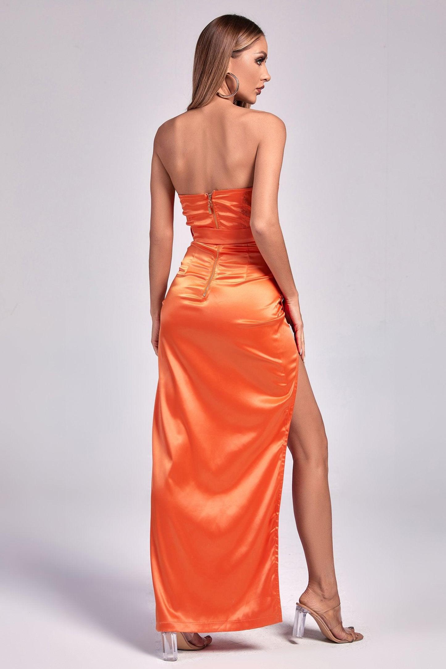 Laura Satin Yırtmaçlı Uzun Elbise