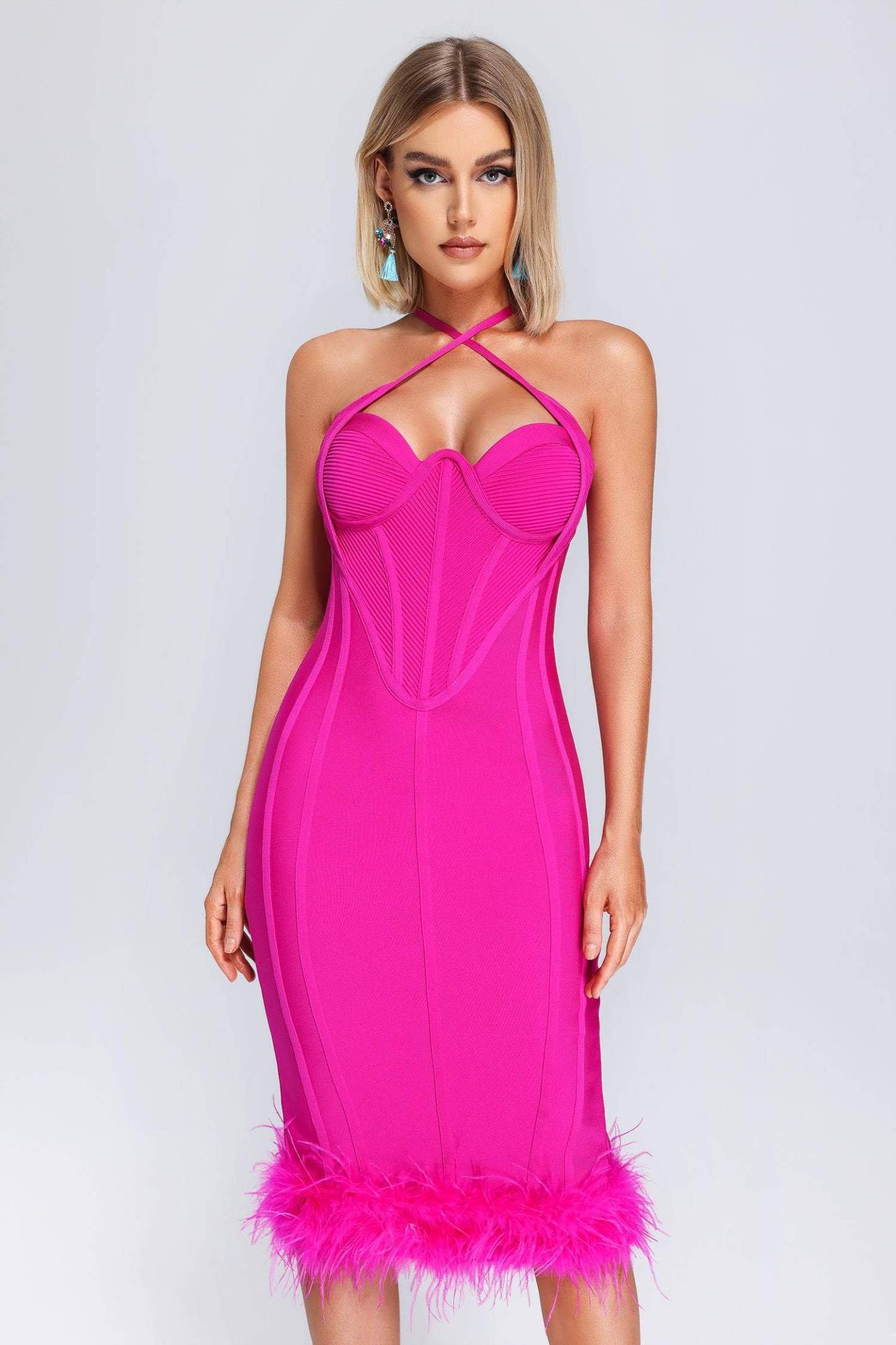 Lilith Çapraz Yaka Tüy Detaylı Bandaj Midi Elbise