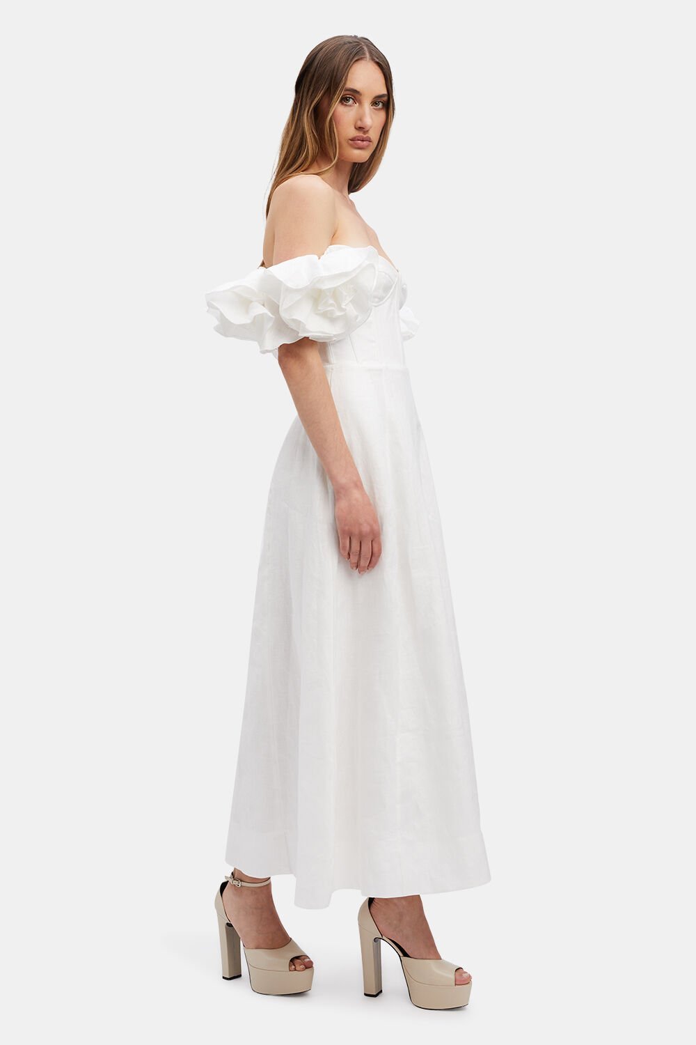 Zolia Çiçek Omuzu Açık Keten Midi Elbise