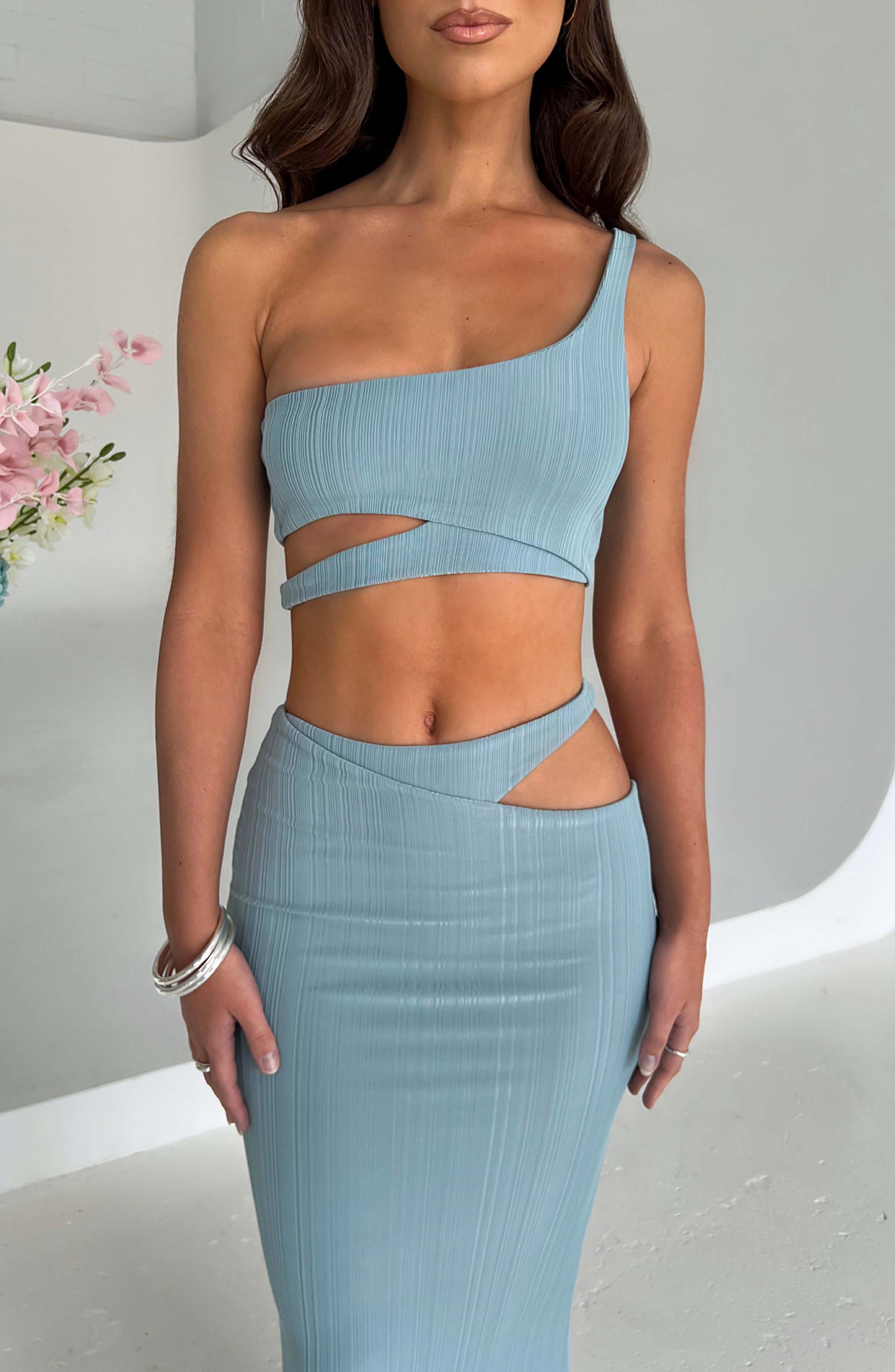 Asimetrik Kesim Detaylı Crop Top – Mavi