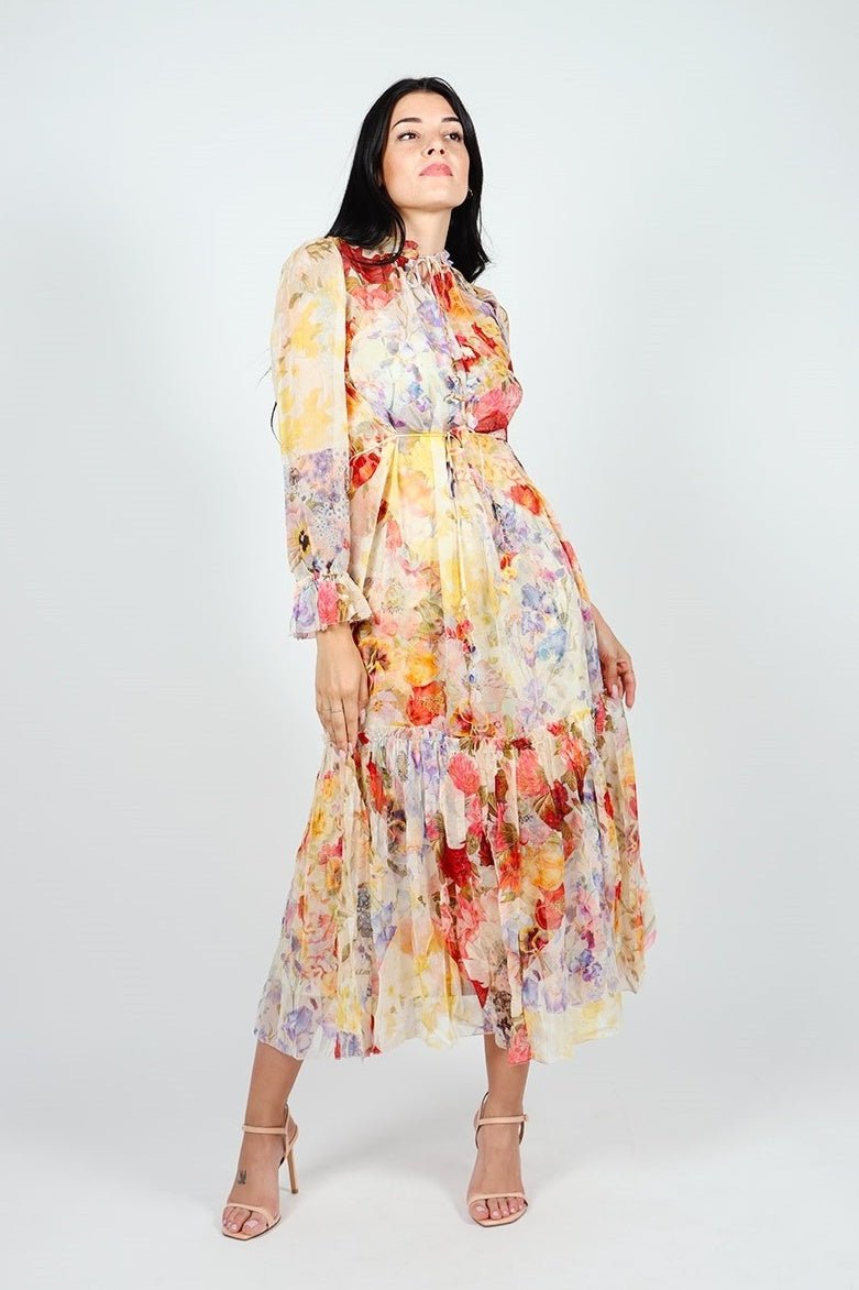 Katherine Çiçek Desenli Şifon Midi Elbise