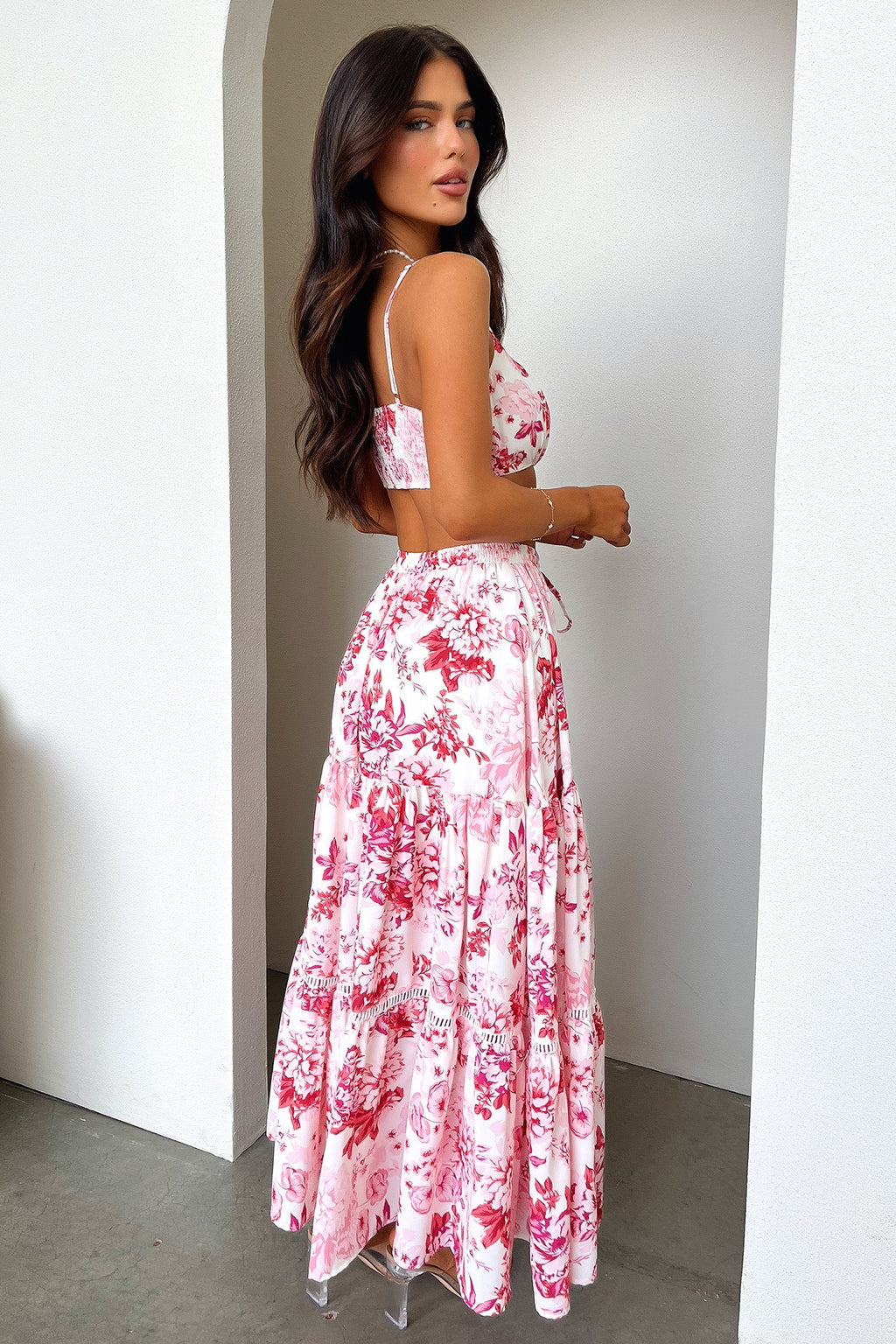 Kei Crop - Pembe / Kırmızı Çiçekli