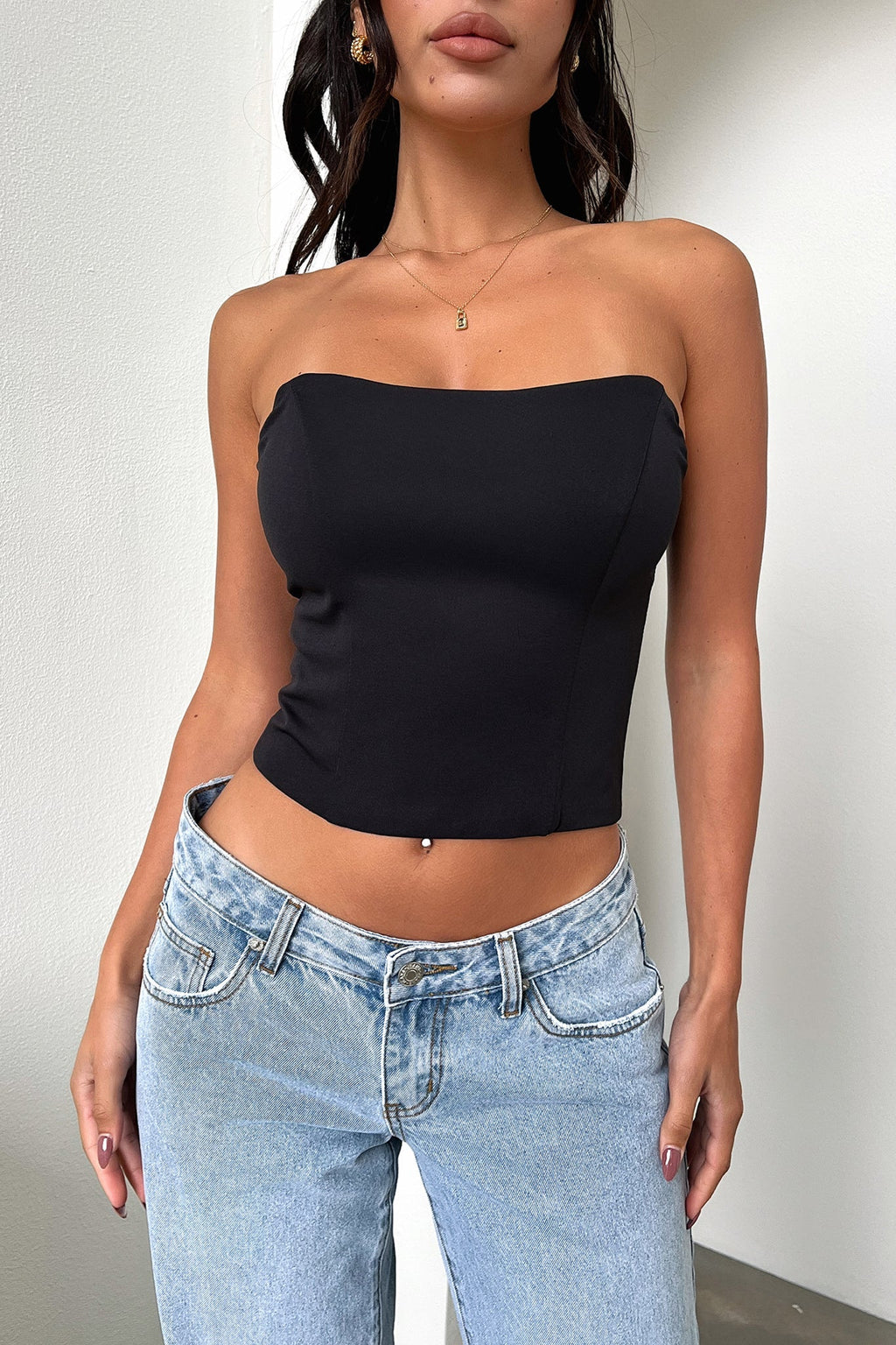 Straplez Düz Kesim Basic Bluz – Siyah