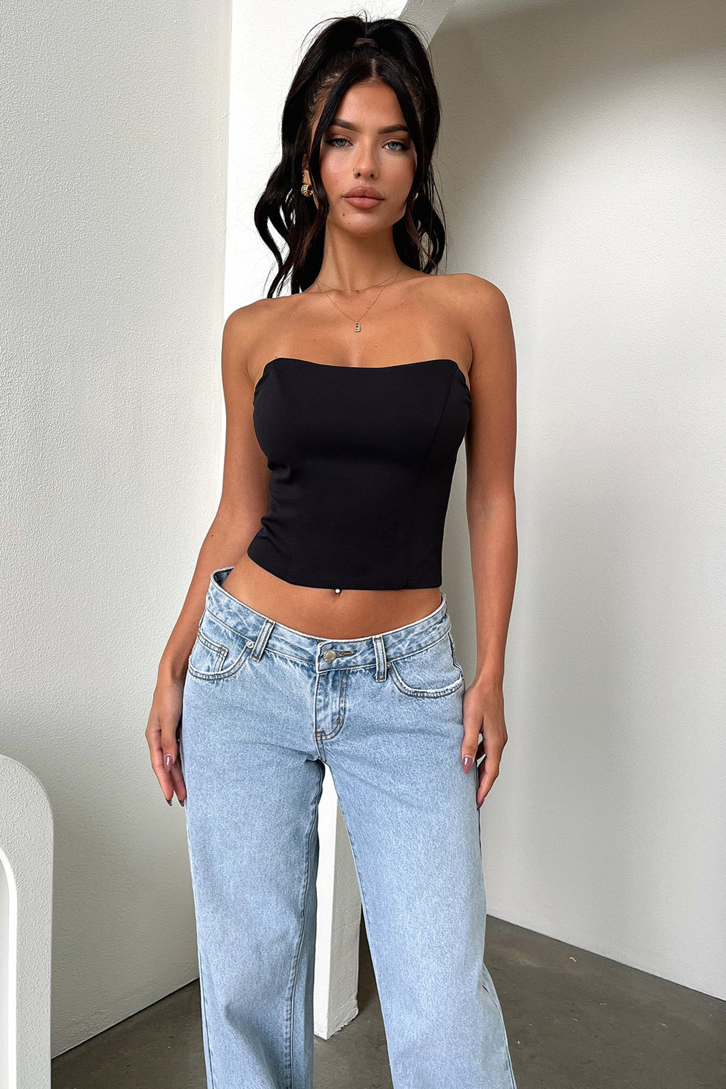 Straplez Düz Kesim Basic Bluz – Siyah