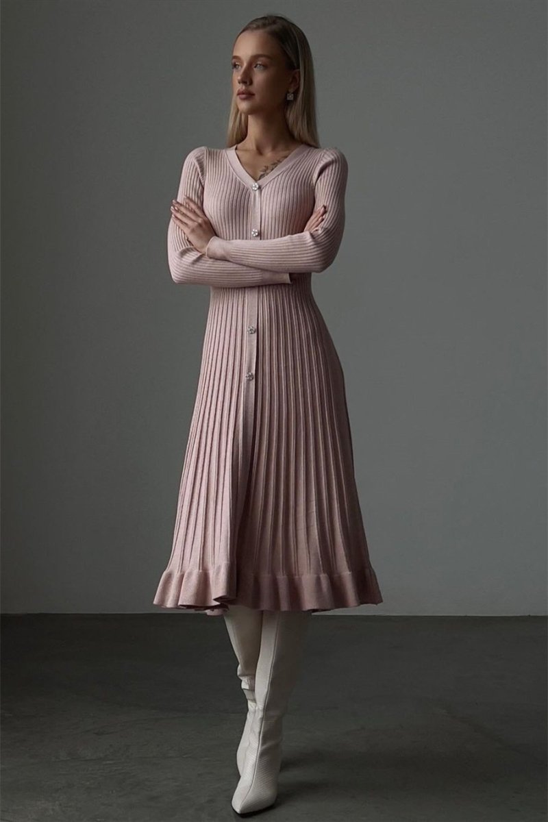 Lillian V Yaka Çizgili Triko Midi Elbise