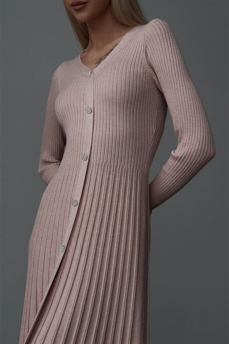 Lillian V Yaka Çizgili Triko Midi Elbise