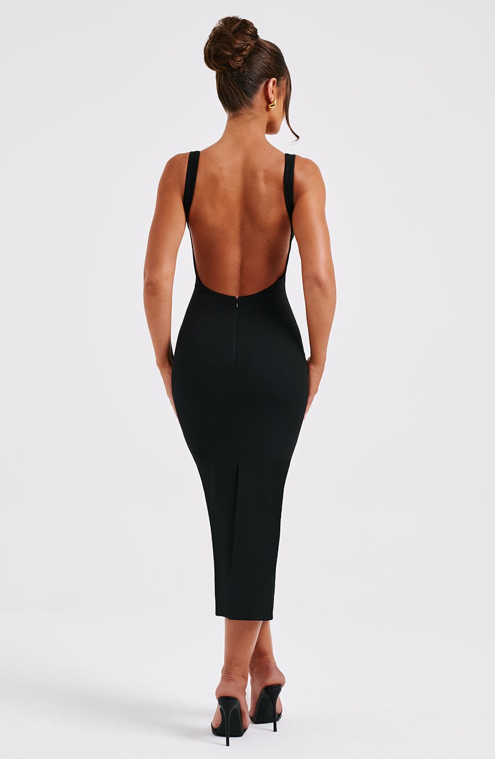 Sırt Dekolteli İnce Askılı Kalem Elbise – Siyah