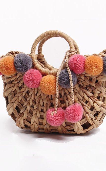 Luna Pom Pom Hasır Sepet Çanta