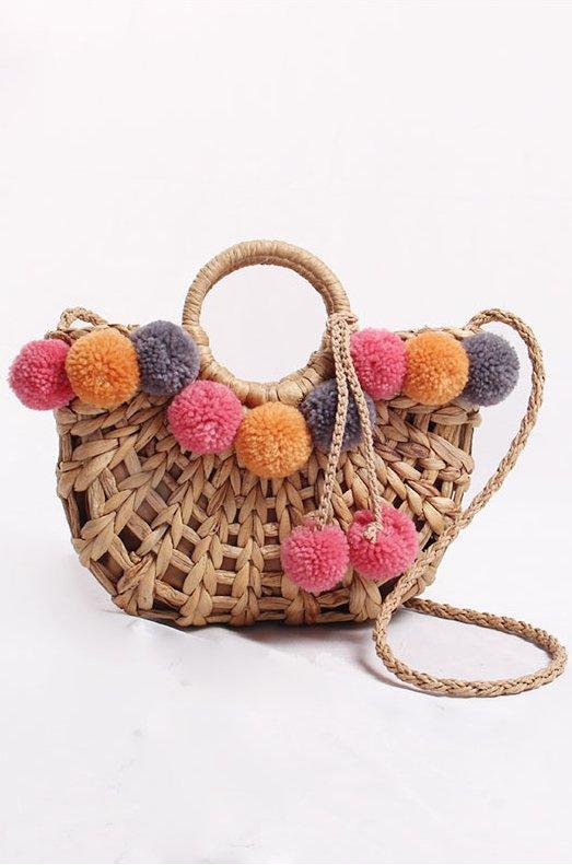 Luna Pom Pom Hasır Sepet Çanta