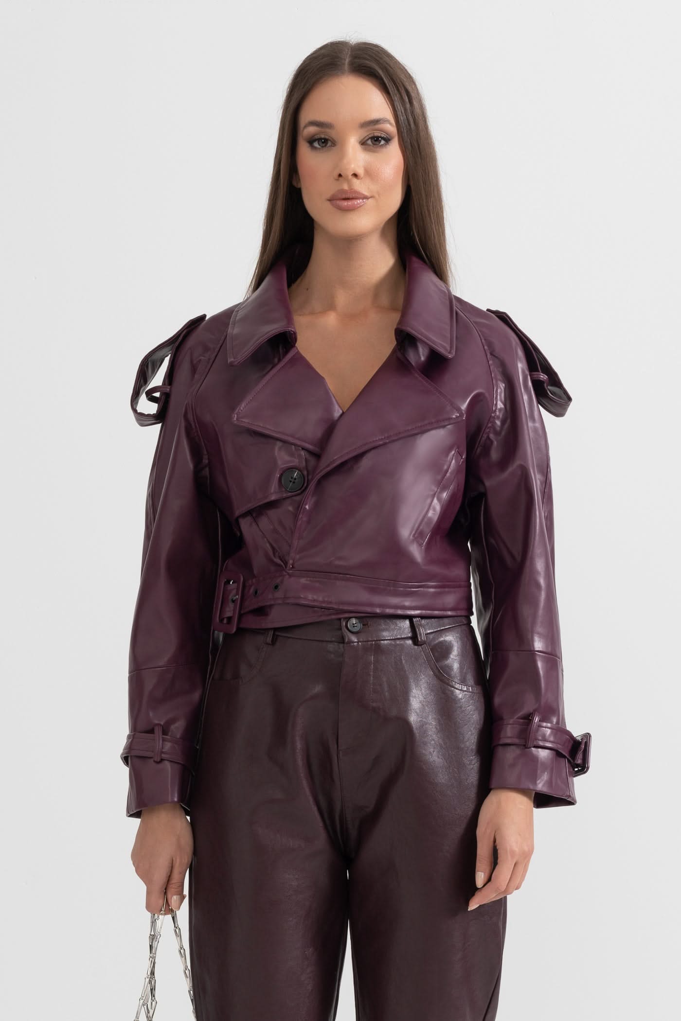 Çift Yaka Vegan Deri Ceket - Bordo