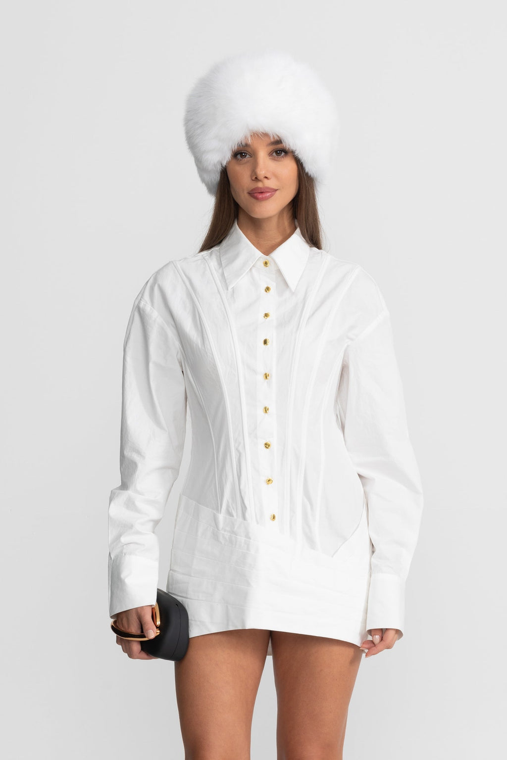 Altın Düğme Detaylı Yapılandırılmış Mini Elbise - Beyaz